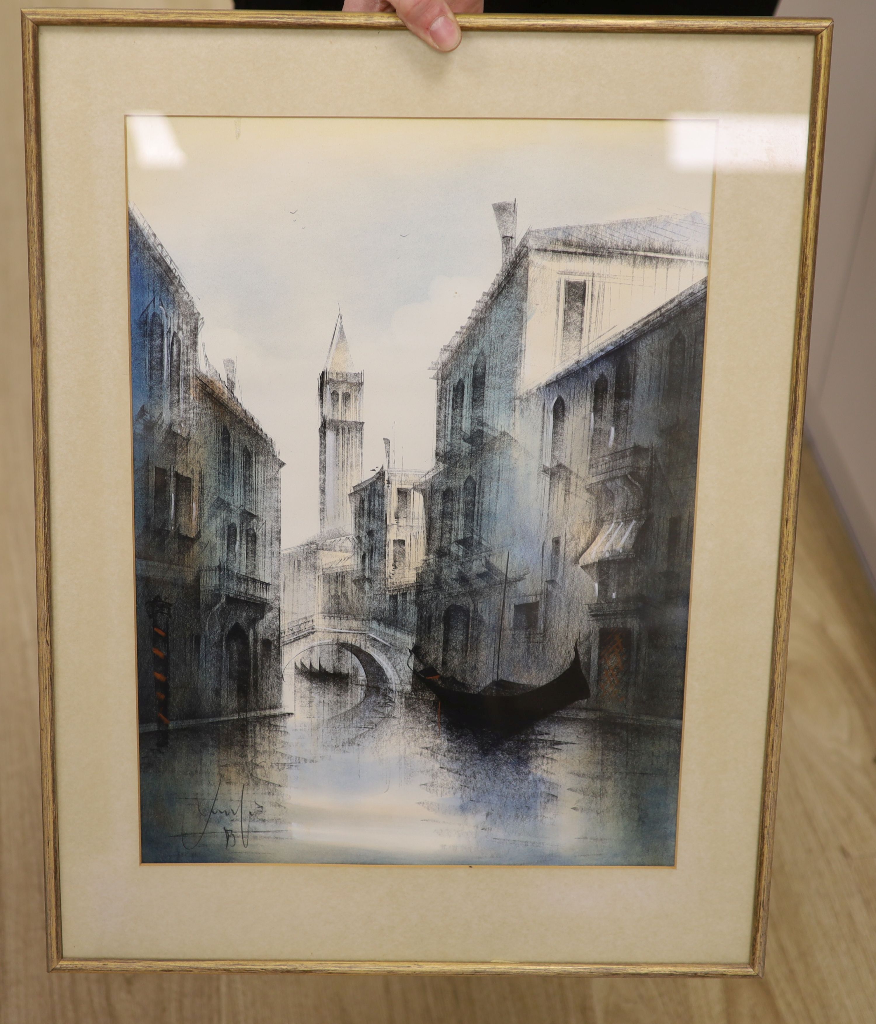 Albert Delia (Maltese, 1934-) oil on canvas, Valetta harbour, signed, 35 x 45cm and two views of Venice by other hands.